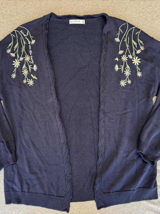 Sweaters - Navy Open-Front Cardigan with Daisy Embroidery